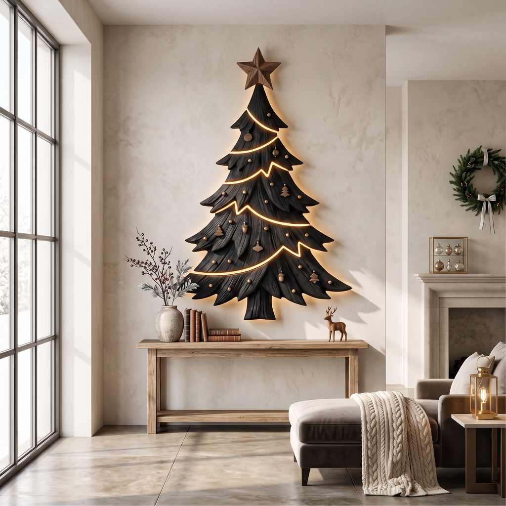 Contemporary Xmas Wall Sculpture With Evergreen Silhouette For Living Room - view 3