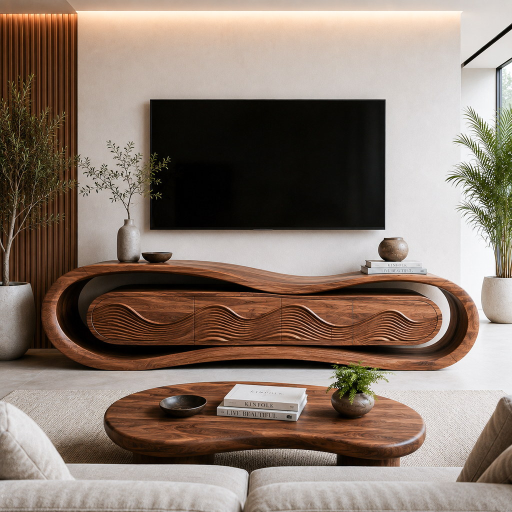 Contemporary Rounded TV Stand For Organic Modern Home