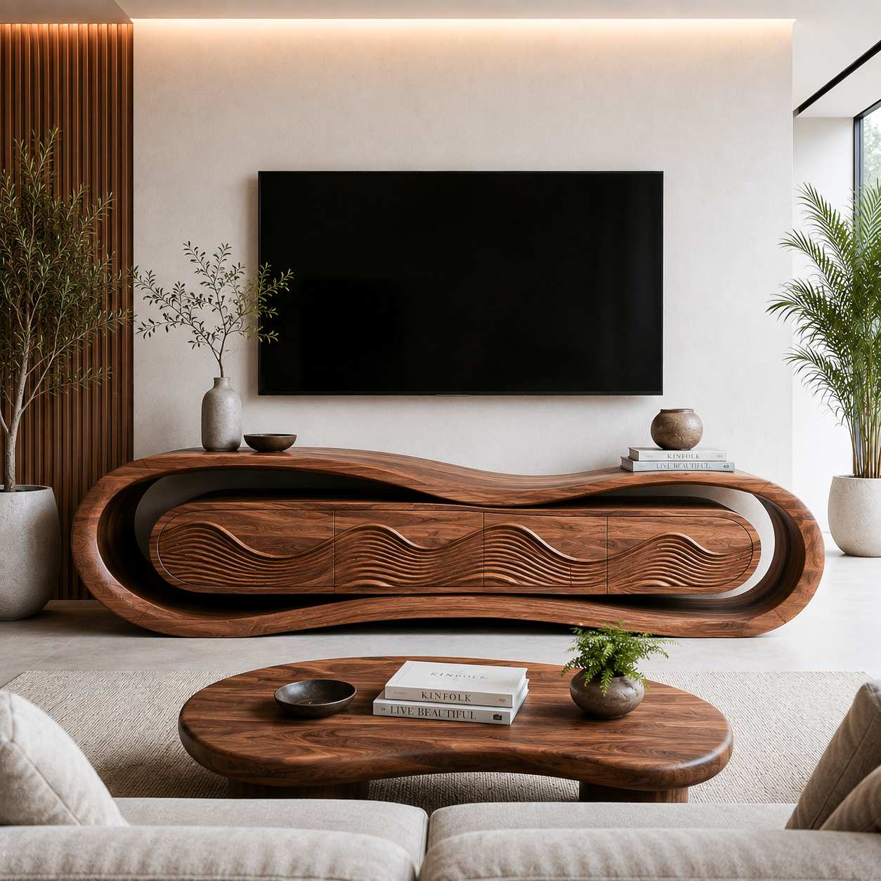 Contemporary Rounded TV Stand For Organic Modern Home