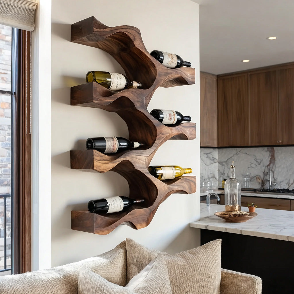 Artistic Natural Wood Wine Rack For Modern Kitchen Wall Decor