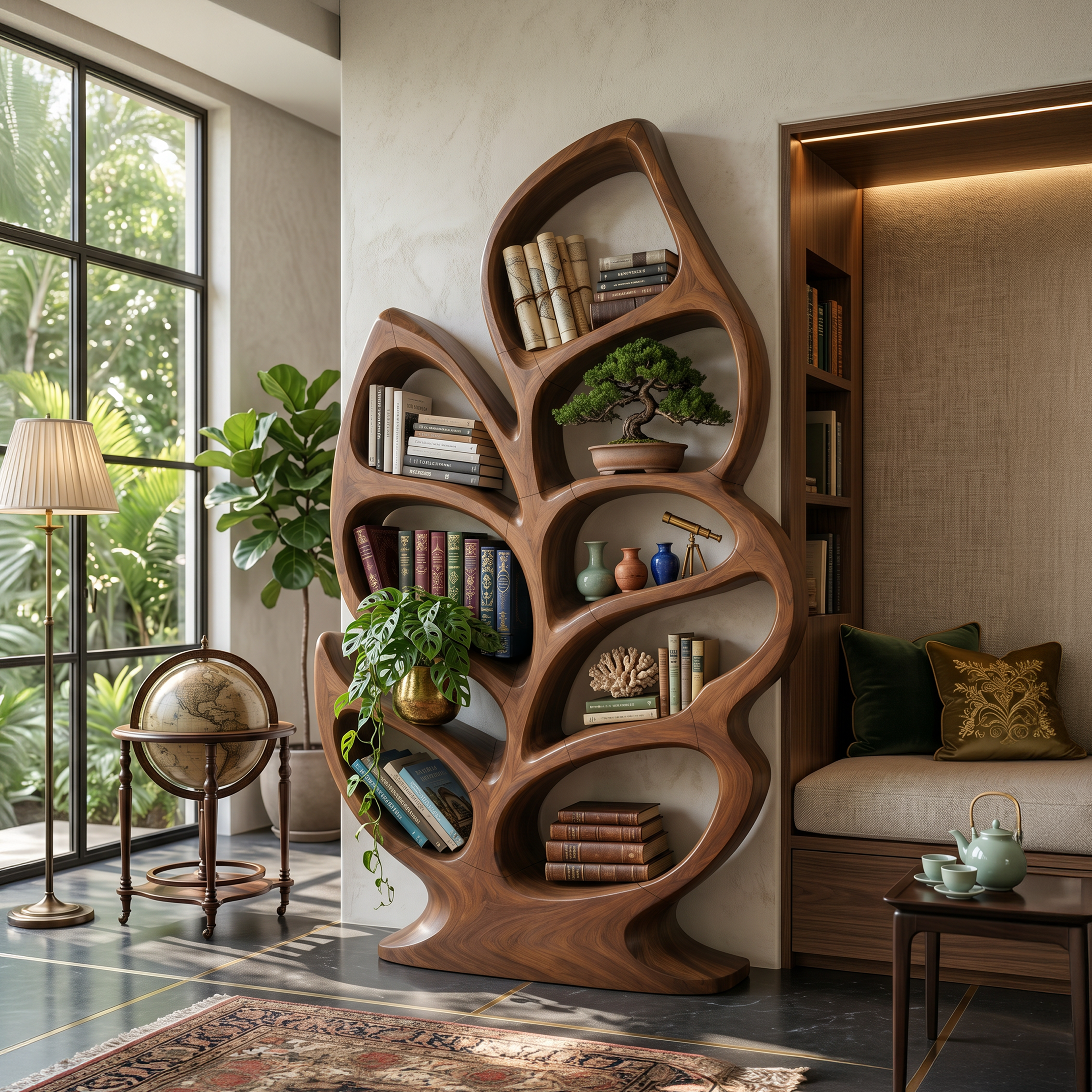 Contemporary Sculptural Bookcase For Stylish Entryway Interior