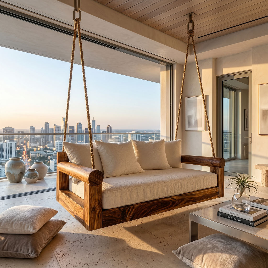 Contemporary Hanging Sofa Swing City View Luxury Apartment