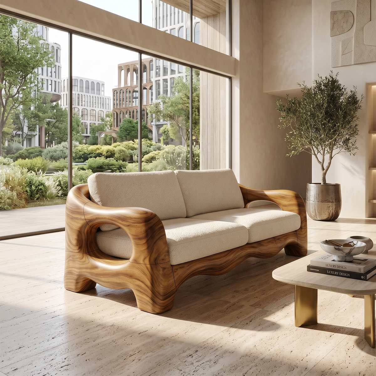 Contemporary Curved Wood Sofa Urban Apartment Interior