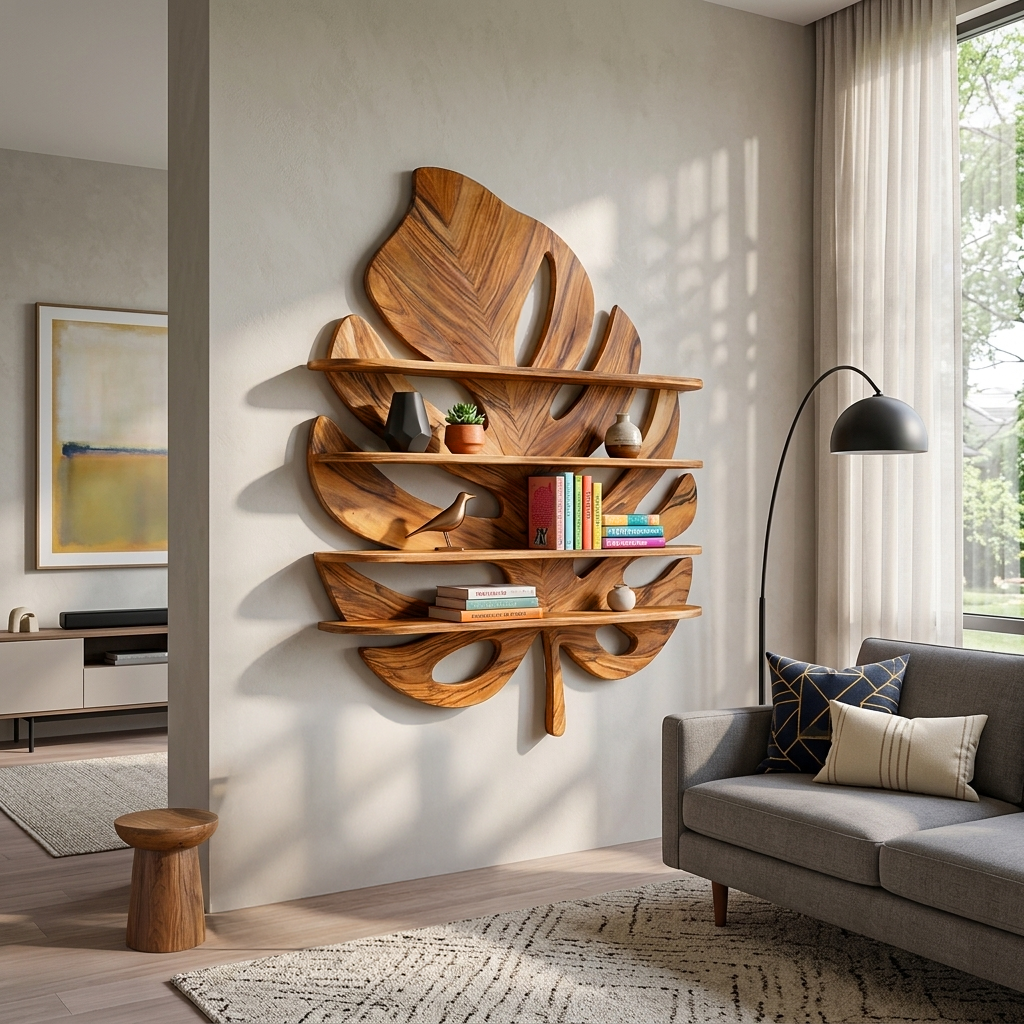 Artistic Wooden Tropical Leaf Wall Mounted Bookshelf For Home Decor