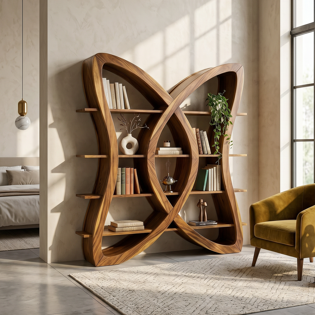 Butterfly Inspired Wooden Bookcase In Organic Style