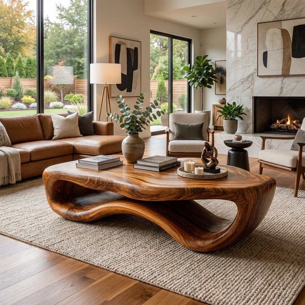 Artistic Wooden Coffee Table Curved For Modern Interior