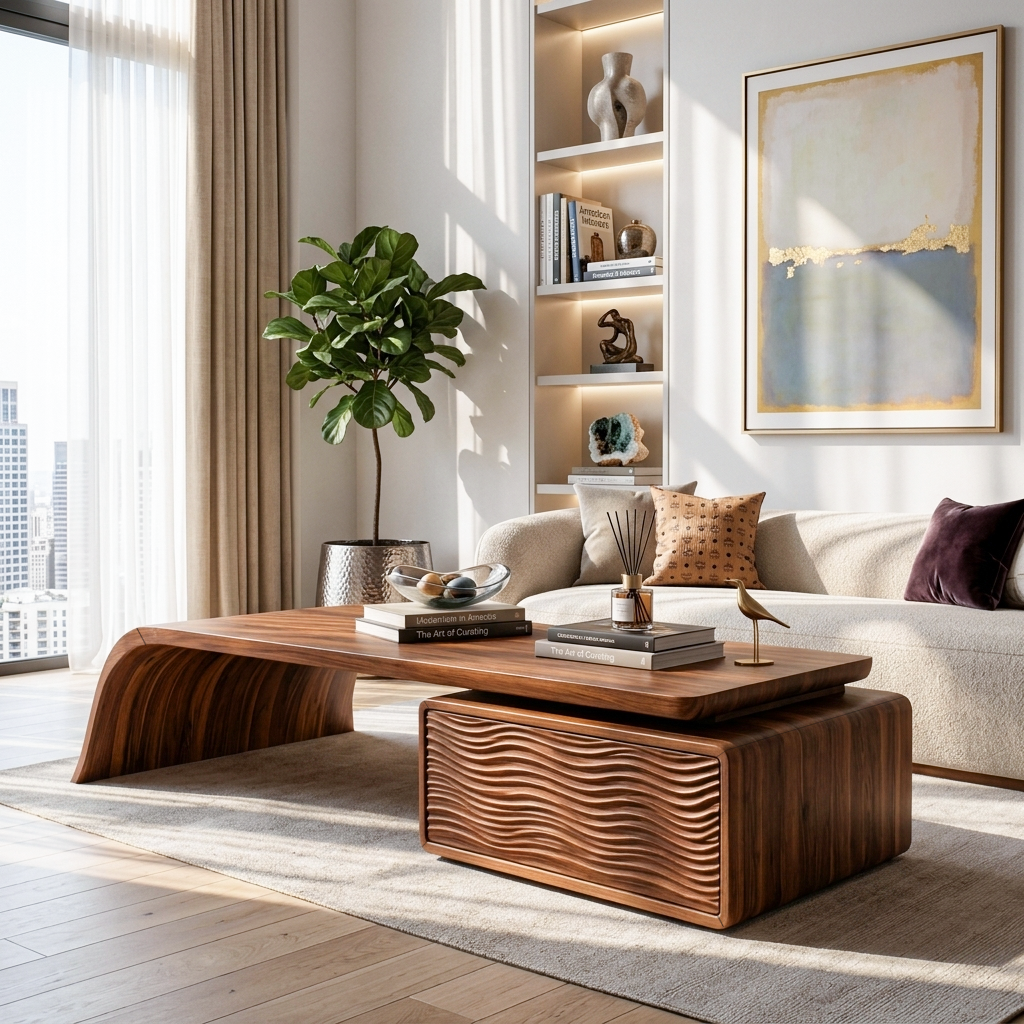 Artistic Wood Coffee Table With Drawers For Living Room
