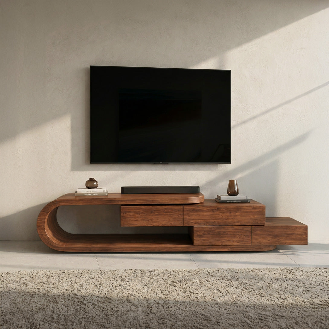 Contemporary Rounded TV Console With 2 Tiers For Living Room