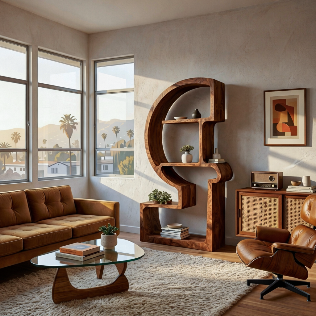 Artistic Wooden Bookshelf With Unique Curved Structure For Home