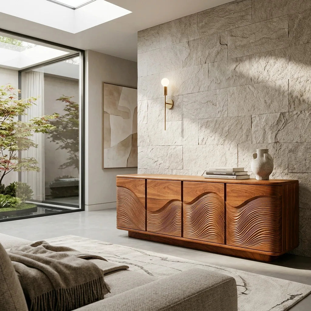 Contemporary Flowing Wave Carved Sideboard For Living Room