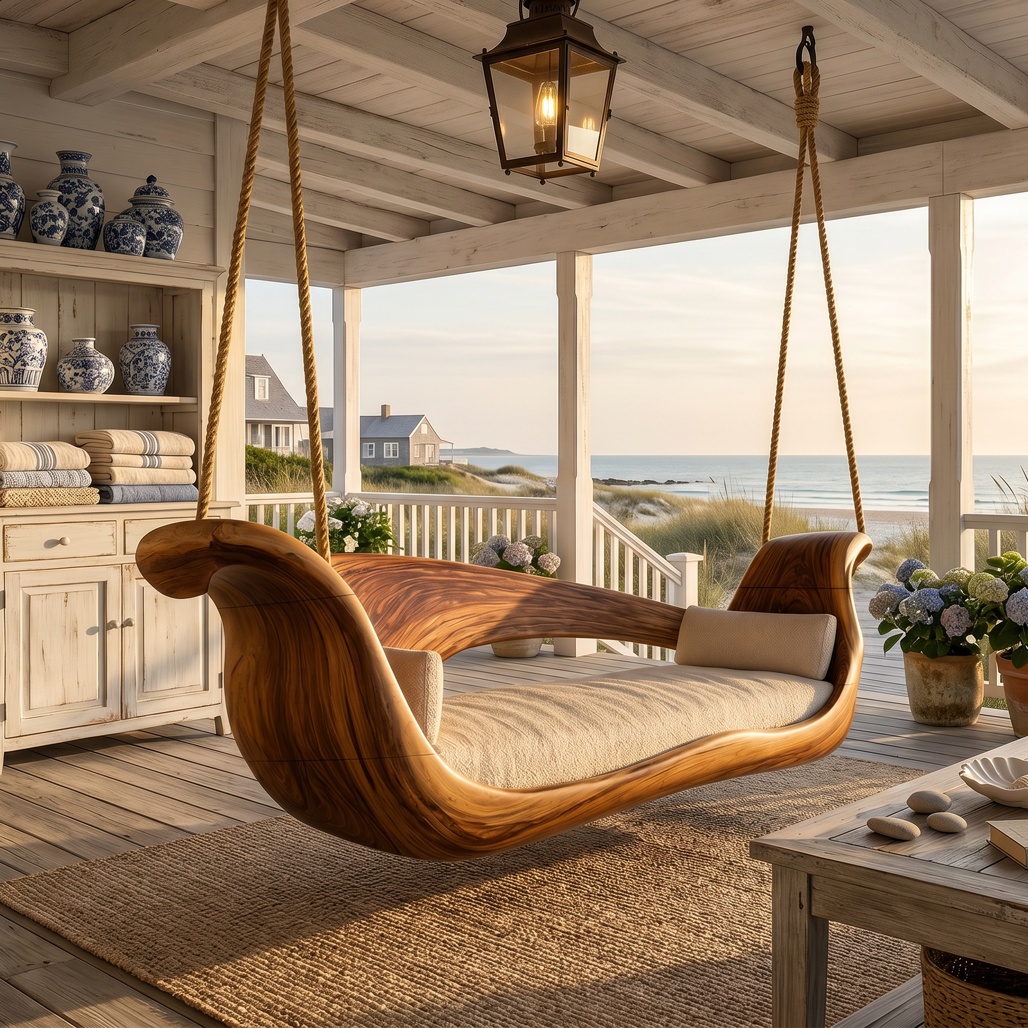 Artistic Sculptural Wooden Swing Bed Coastal Living Collection
