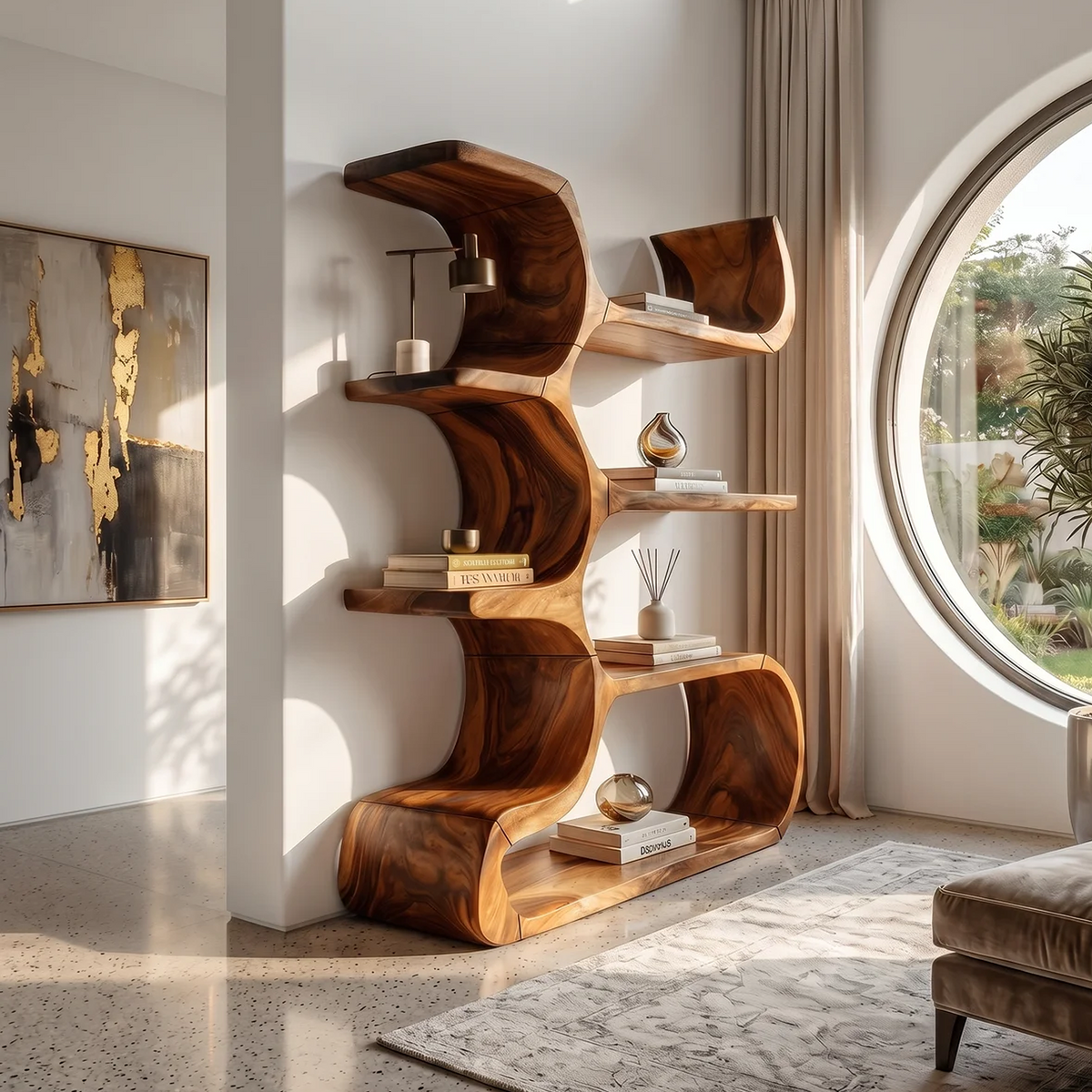 Contemporary Wooden Bookcase In Sculpted Curves - view 3