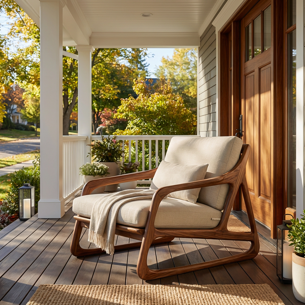 Artistic Wood Chair With Curved Structure For Home Balcony