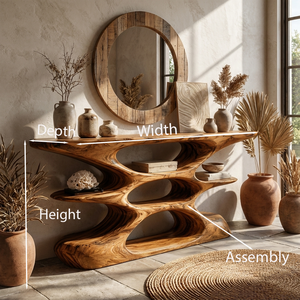 Contemporary Sculptural Wood Console Table With Cutout Shelves For Living - view 8
