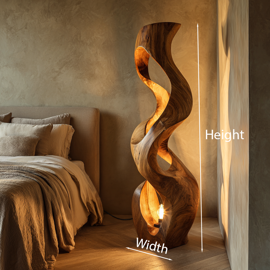 Artistic Wooden Floor Lamp With Flowing Form For Bedroom