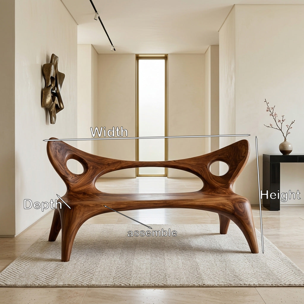 Artistic Wood Bench With Sculptural Backrest For Living Room