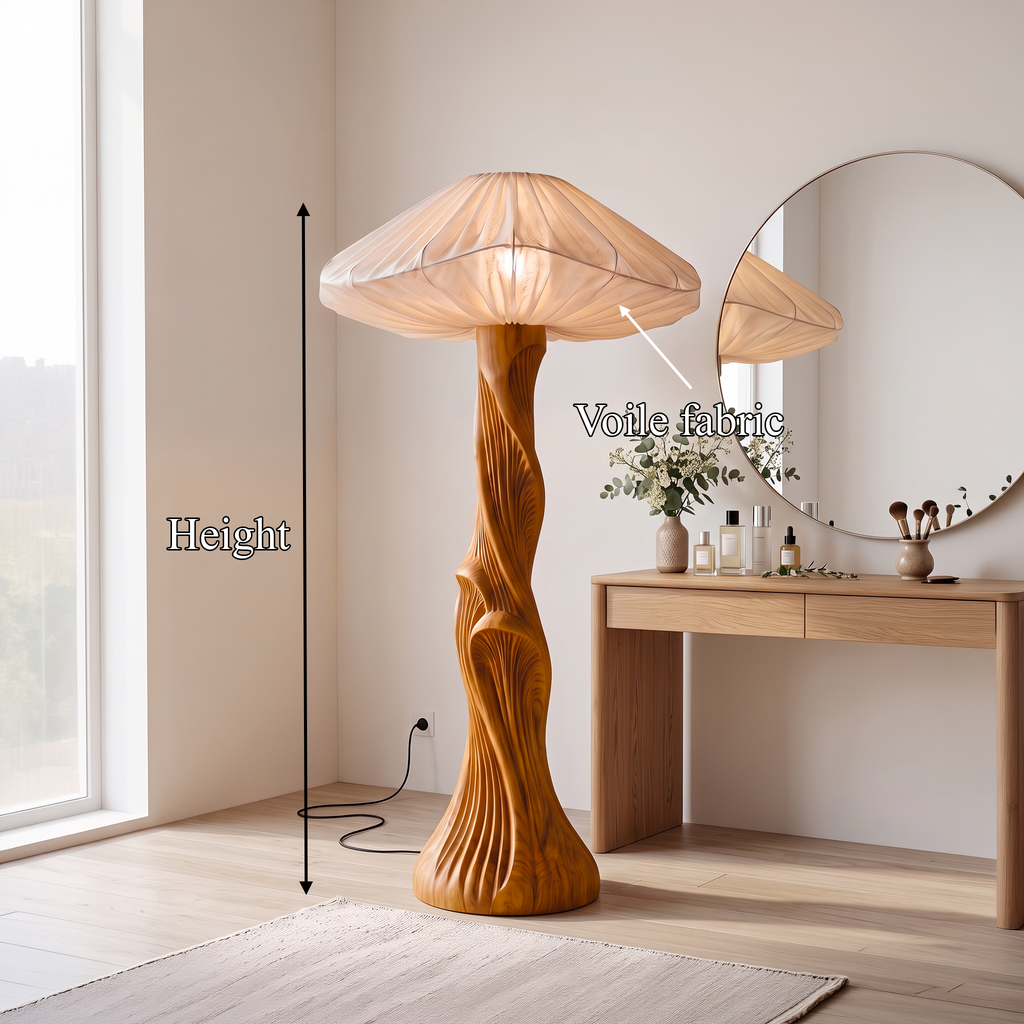 Contemporary Floor Lamp Carved Wood Mushroom Shade Pedestal Lounge - view 8