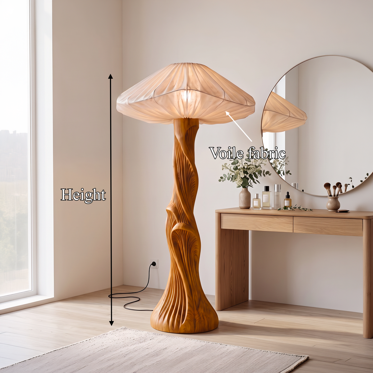 Contemporary Floor Lamp Carved Wood Mushroom Shade Pedestal Lounge - view 8