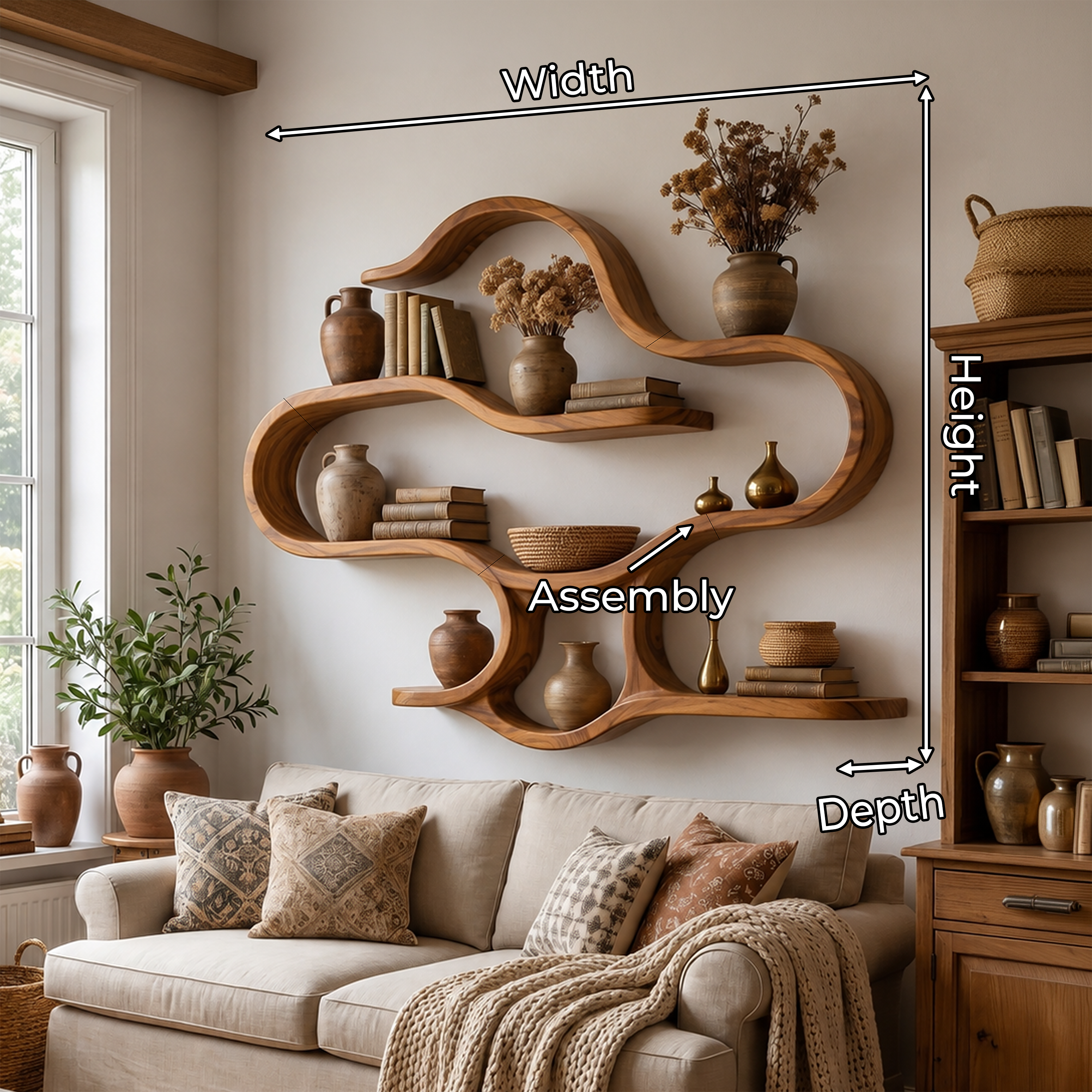 Boho Wooden Wall Mounted Display Shelves for Living Room