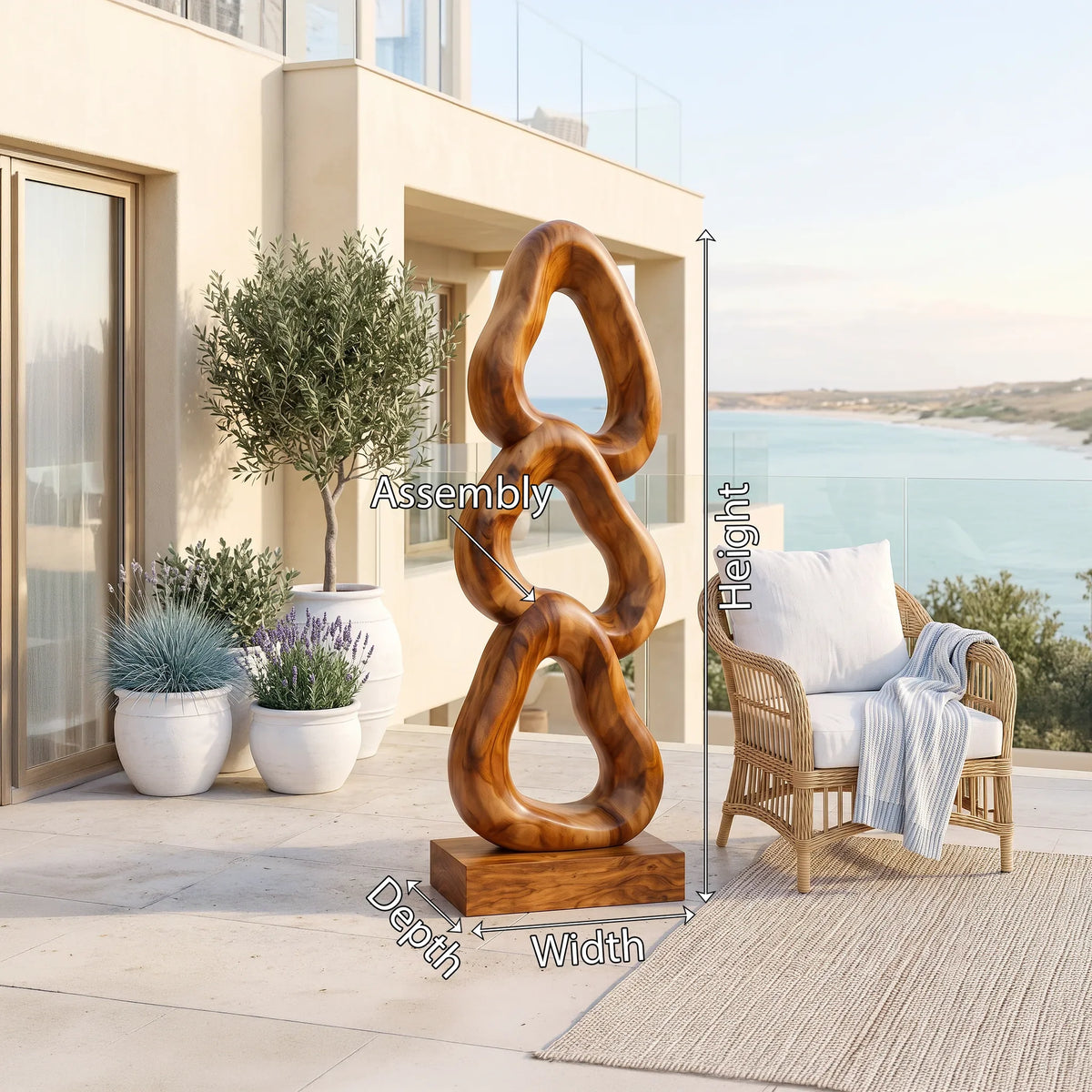 Abstract Wooden Sculpture For Luxury Coastal Balcony Decor