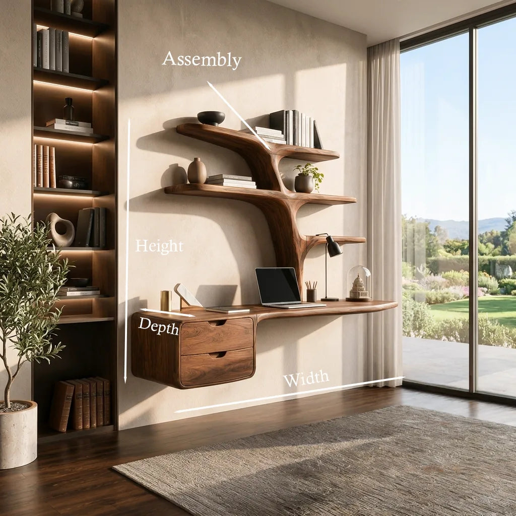 Contemporary Floating Desk Tree Form Bookshelf And Drawer For Workspace