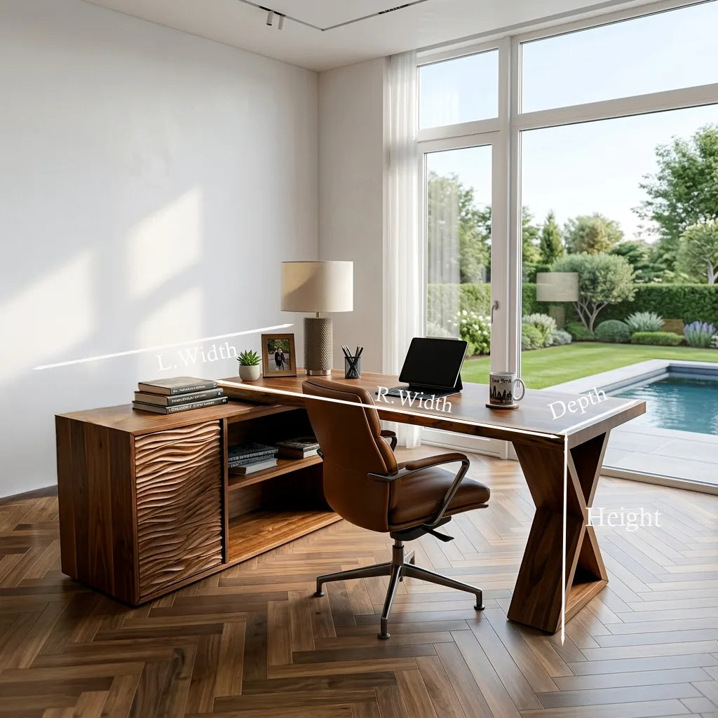 Contemporary L Shaped Desk With Wave Carved Cabinet For Home Office