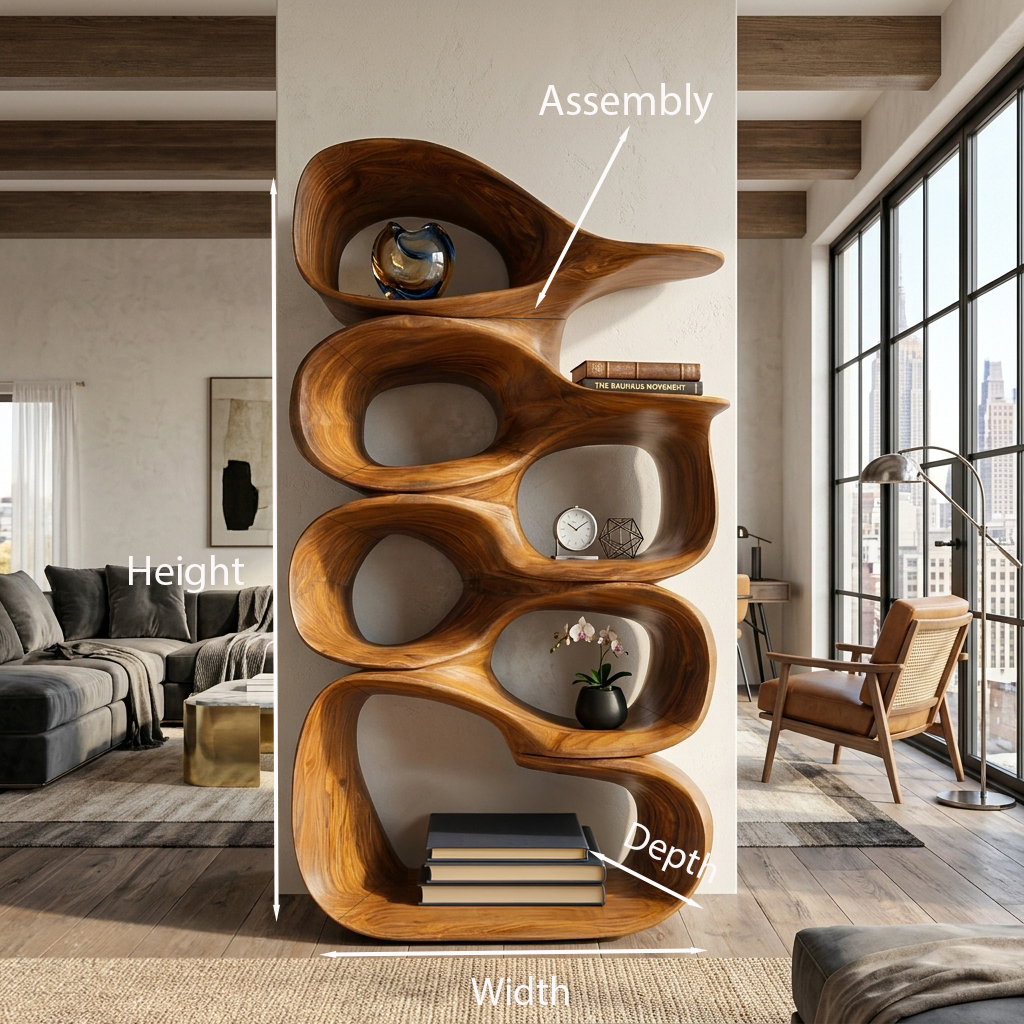 Artistic Wooden Bookshelf With Sculptural Display Shelving For Home Decor