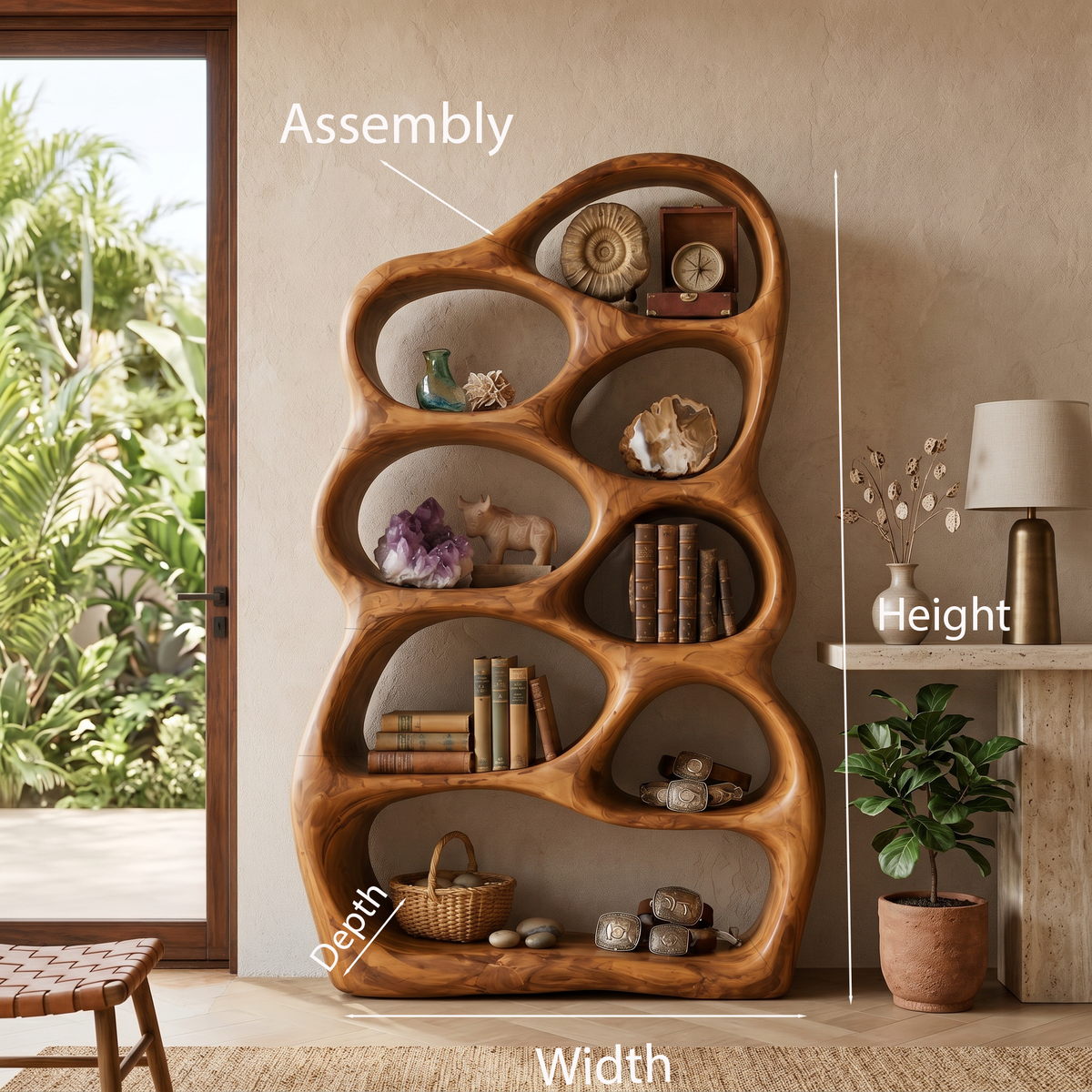 Artistic Sculptural Wood Bookshelf With Multi Tiers For Living Room