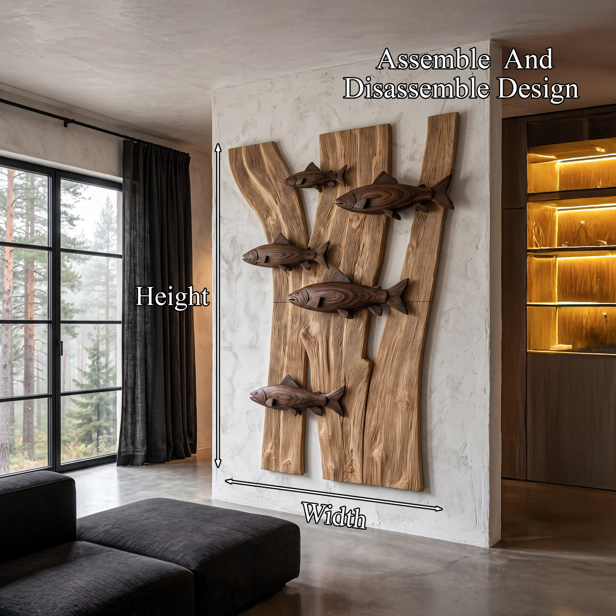 Contemporary Wooden Fish Wall Decor With Sculptural River Scene For Living Room And - view 8