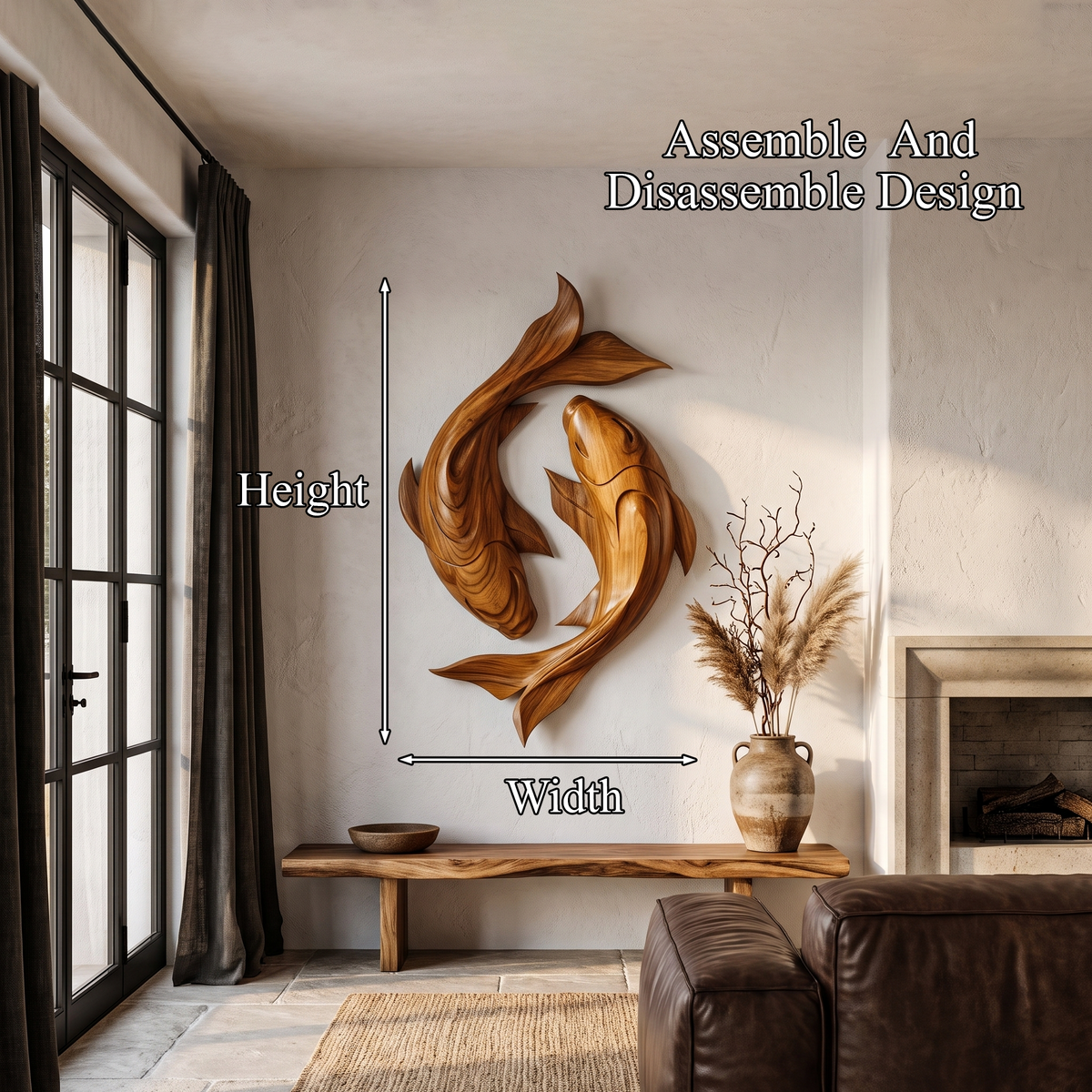 Contemporary Wood Wall Sculpture With Carved Koi Fish Design For Living Room And Office - view 8