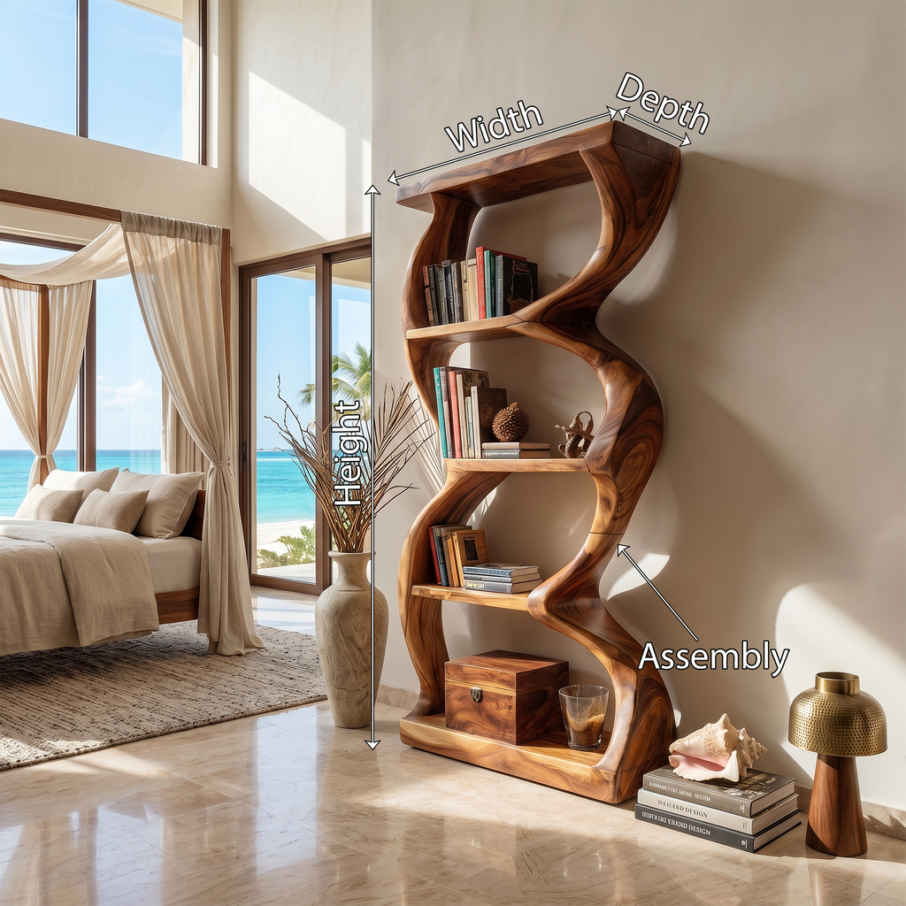 Coastal Inspired Curved Wooden Bookcase With Organic Form