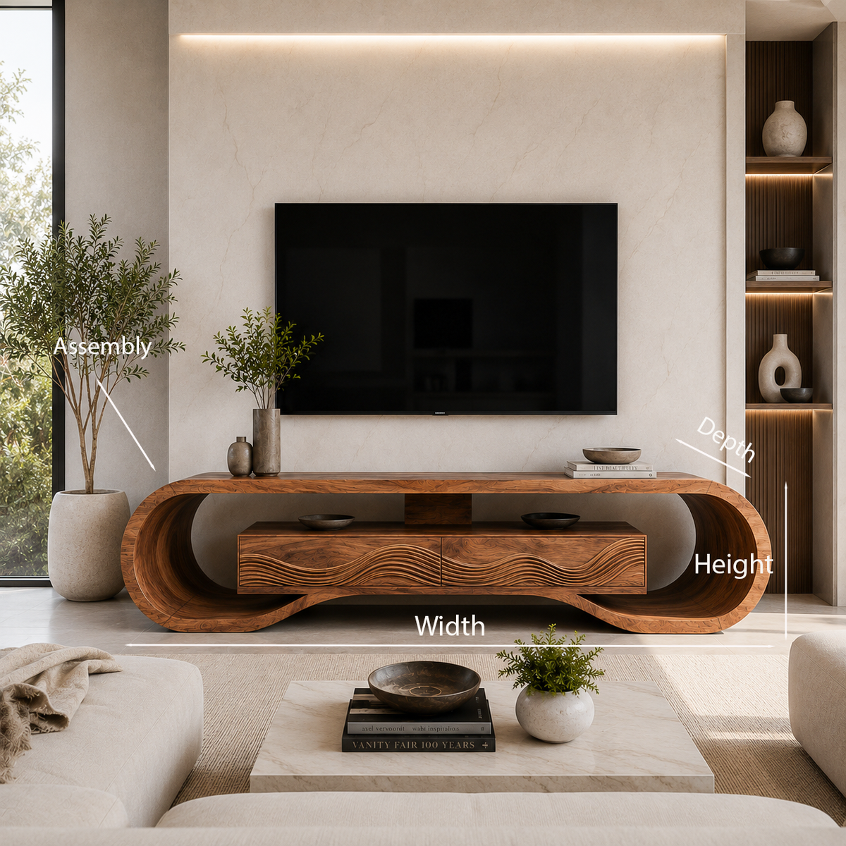 Contemporary Curved Wooden TV Stand For Luxury Interiors