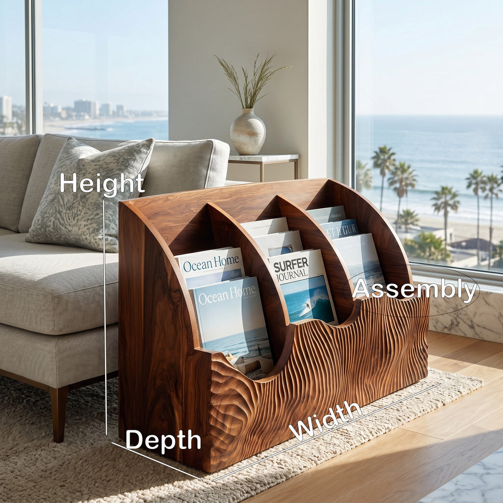 Contemporary Carved Curved Wood Magazine Rack For Living Room