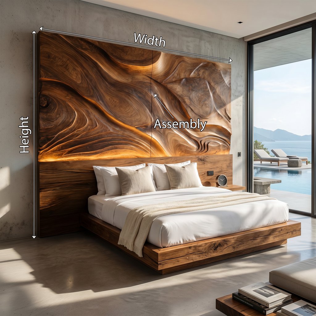 Abstract Flowing Wood Headboard For Luxury Coastal Villa Bedroom