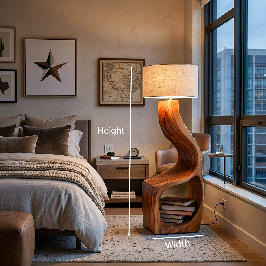 Artistic Natural Wood Standing Lamp With Shelf For Home Library