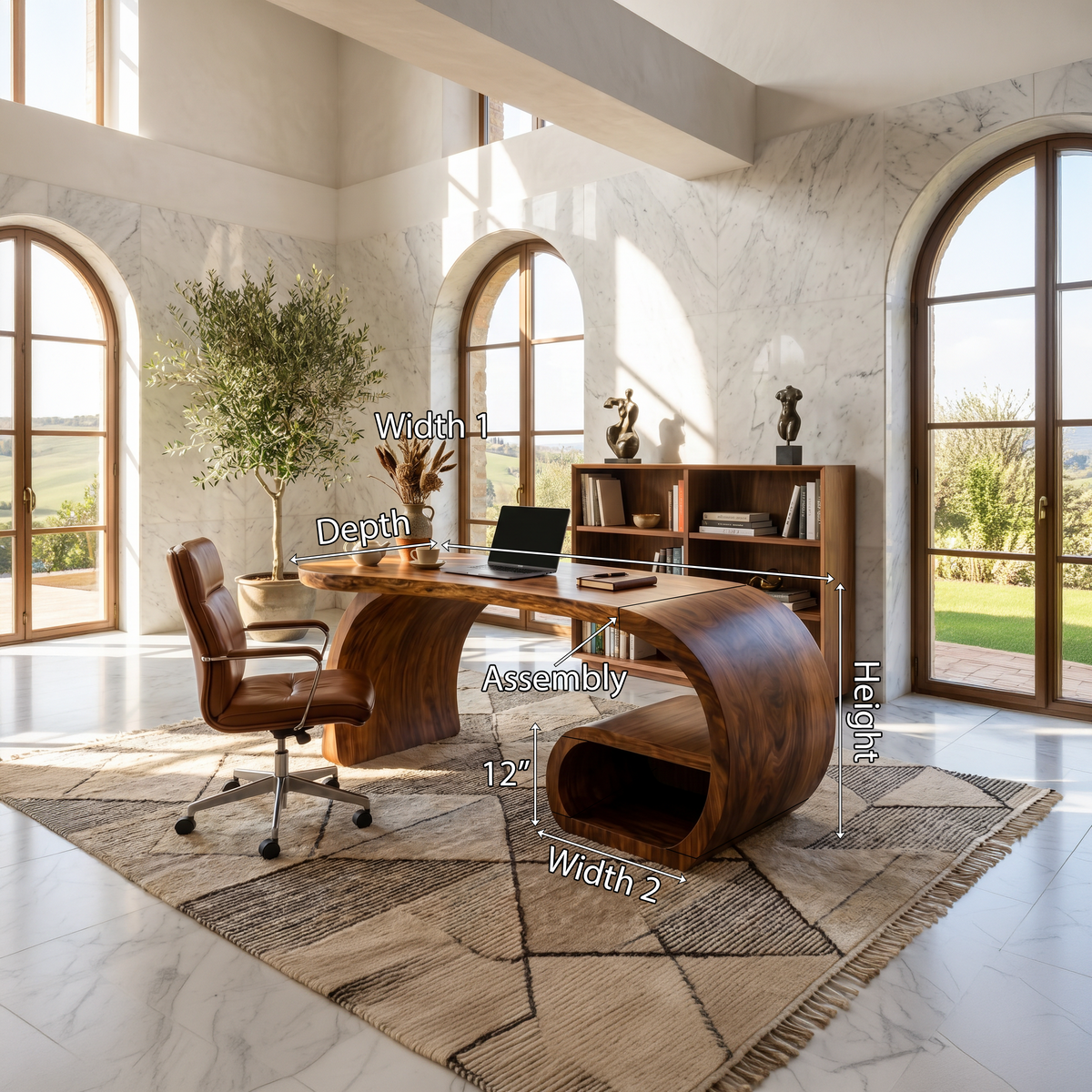 Contemporary Sculpted Desk With Side Shelf For Studio Interior