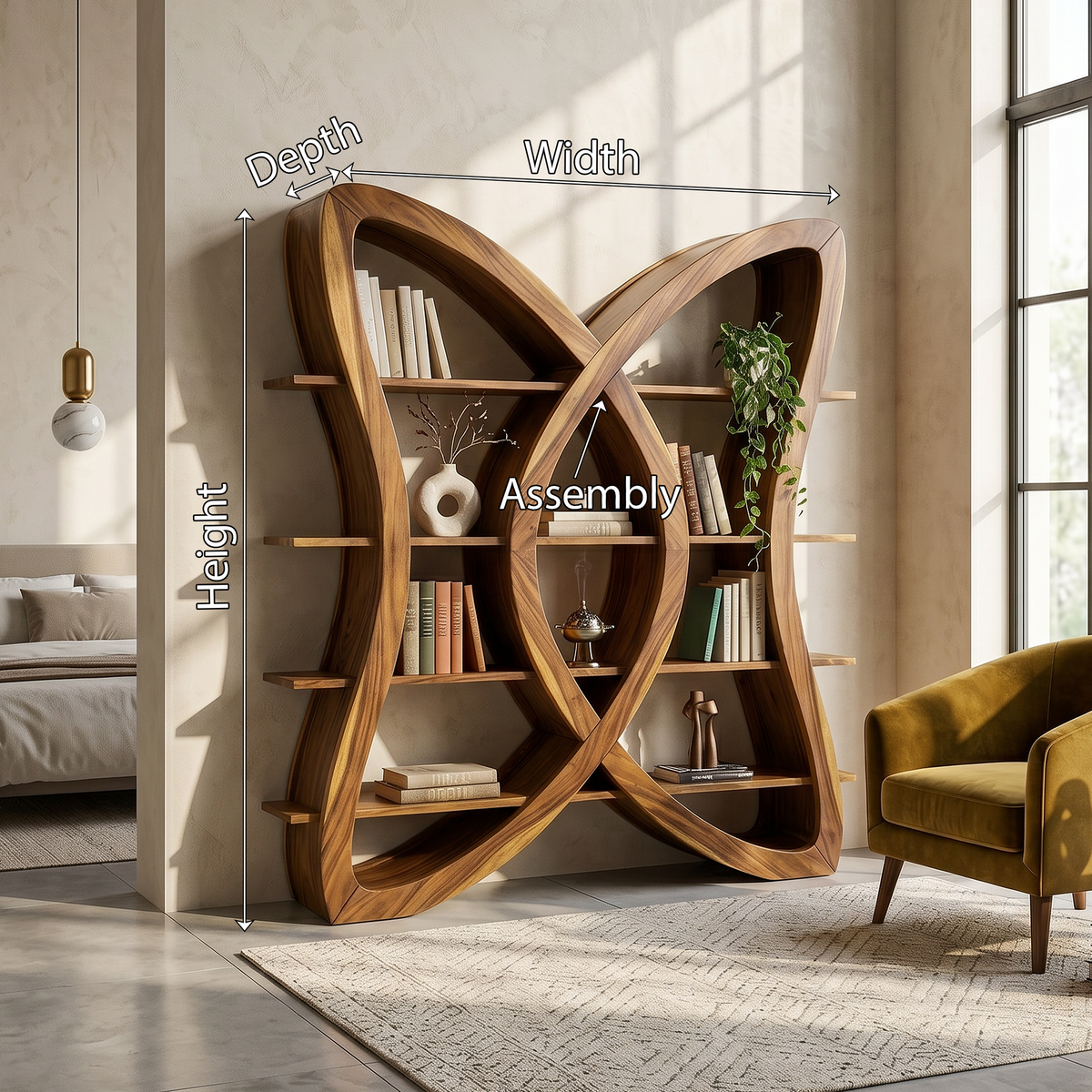 Butterfly Inspired Wooden Bookcase In Organic Style