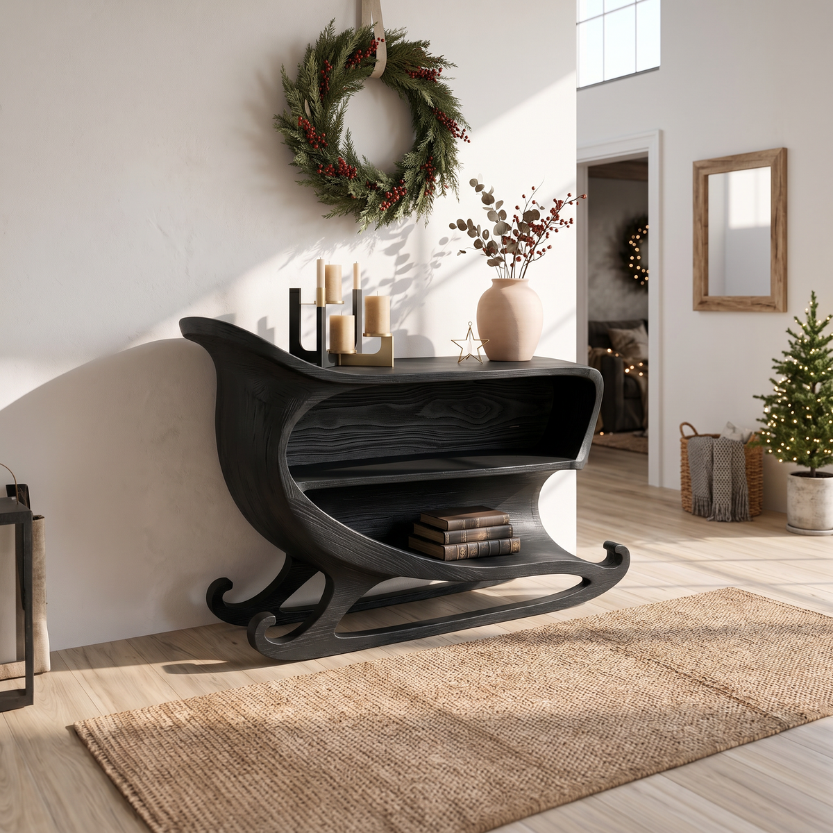 Farmhouse Christmas Console Table With Sleigh Inspired Scroll Design For Entryway And - view 4