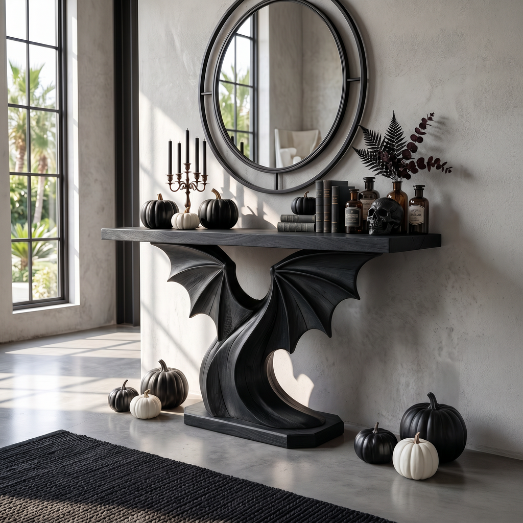 Contemporary Halloween Console Table With Sculptural Bat Wing Design For Entryway And - view 4