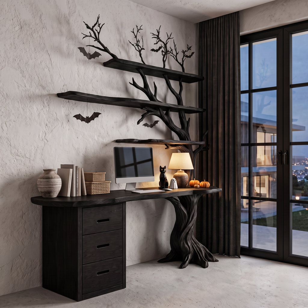 Contemporary Halloween Writing Desk With Haunted Tree Silhouette For Bedroom - view 4