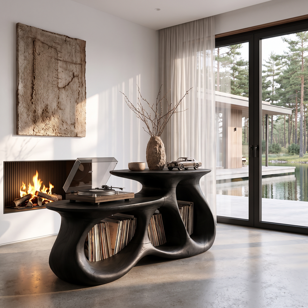 Contemporary Vinyl Record Cabinet With Interlocking Curved Forms For Living Room - view 4