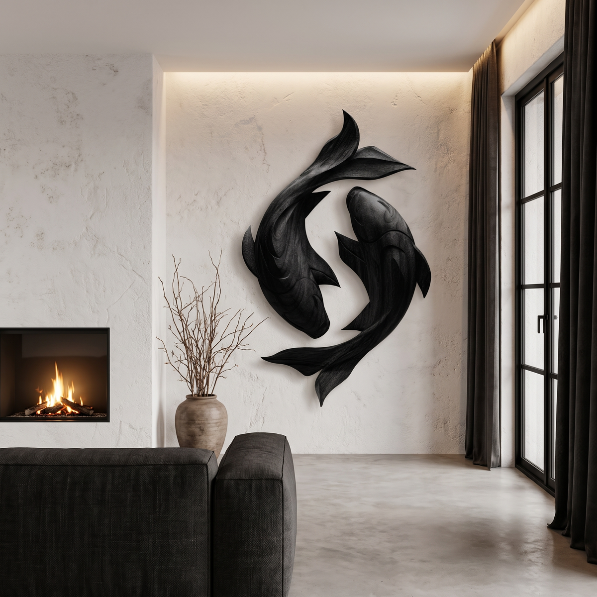 Contemporary Wood Wall Sculpture With Carved Koi Fish Design For Living Room And Office - view 4