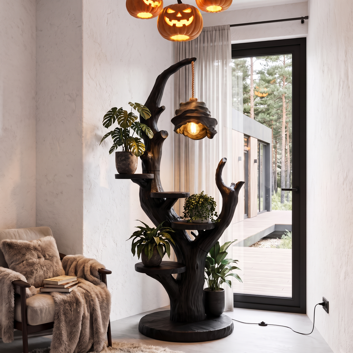Contemporary Halloween Plant Display Stand With Floating Circular Shelves For Entryway - view 4