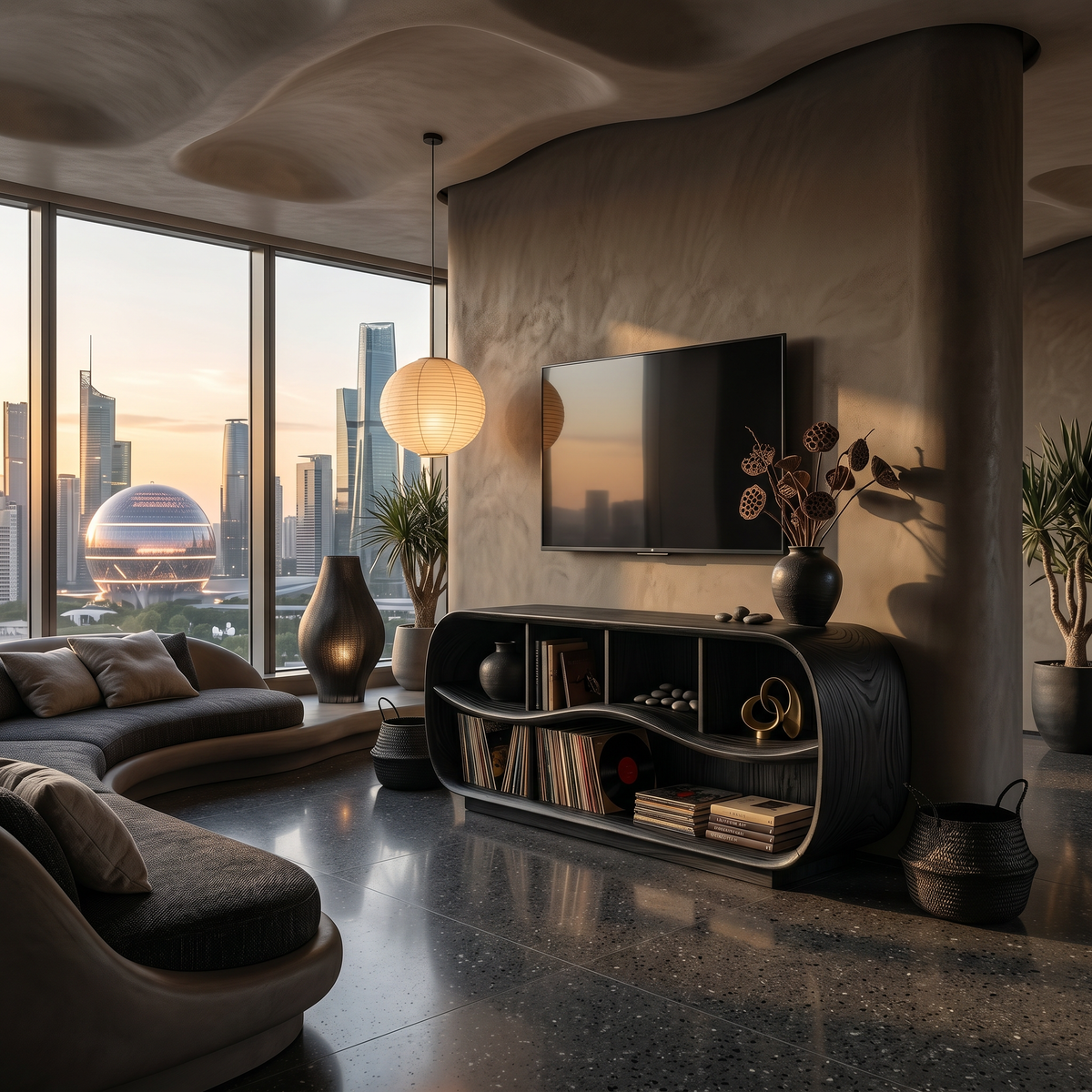 Contemporary Rounded TV Console For Open Living Space