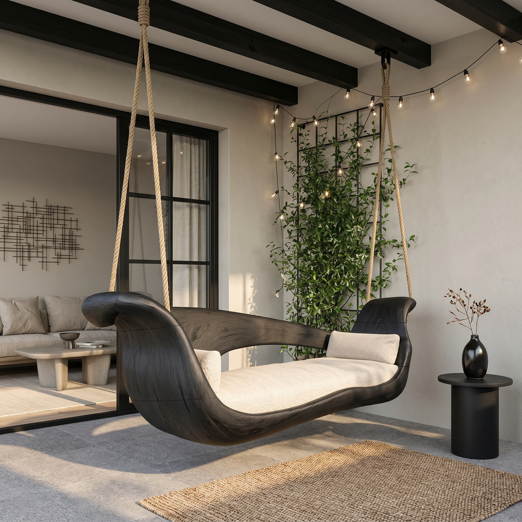 Artistic Sculptural Wooden Swing Bed Coastal Living Collection