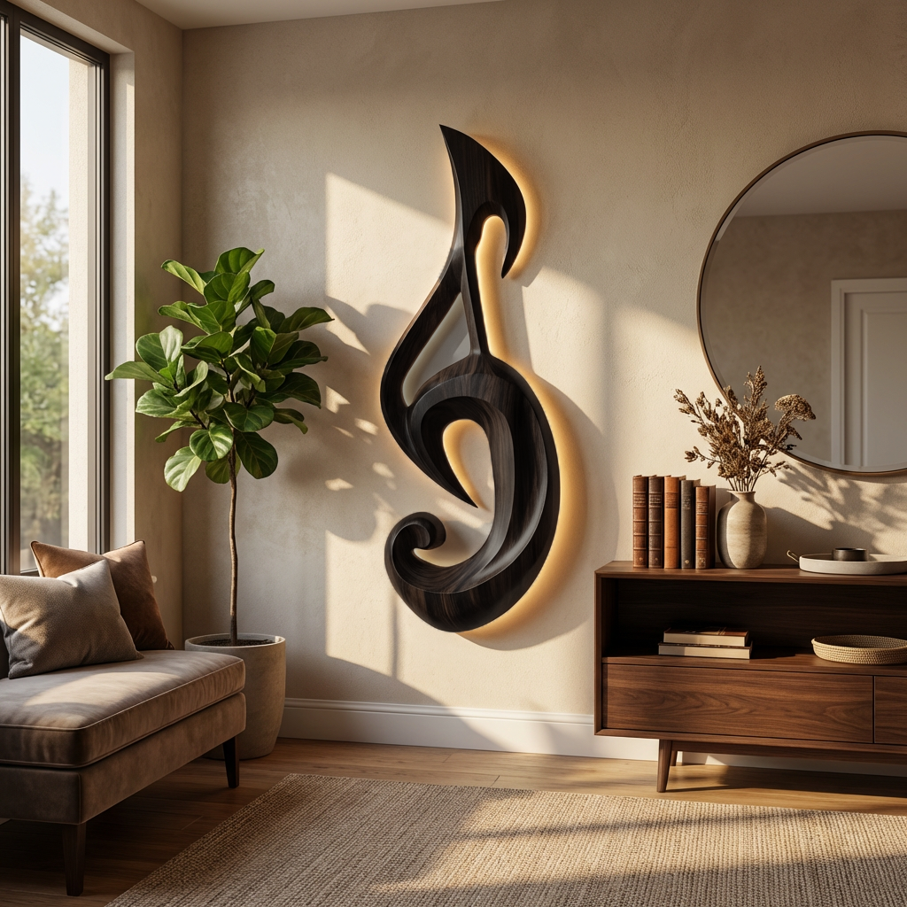 Artistic Wood Wall Art With Carving Musical Notes For Bedroom