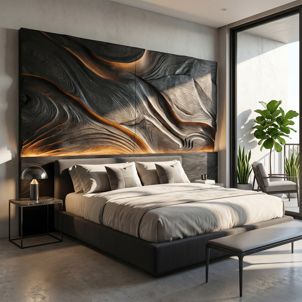 Abstract Flowing Wood Headboard For Luxury Coastal Villa Bedroom