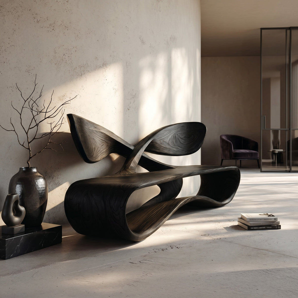 Contemporary Curved Bench With Cross Backrest For Living Room