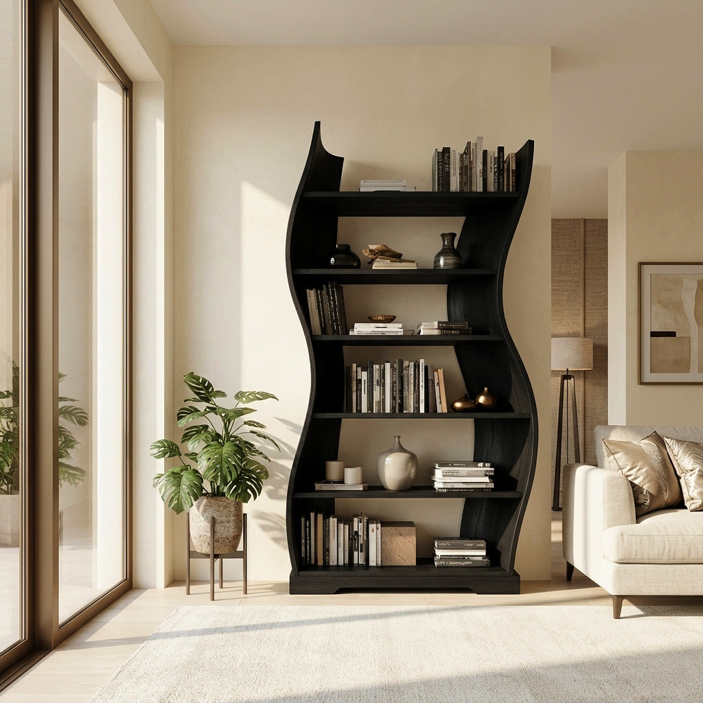 Contemporary Flowing Wooden Bookshelf For Living Room