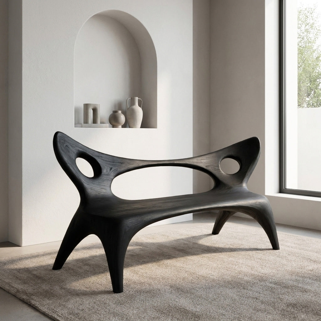 Artistic Wood Bench With Sculptural Backrest For Living Room